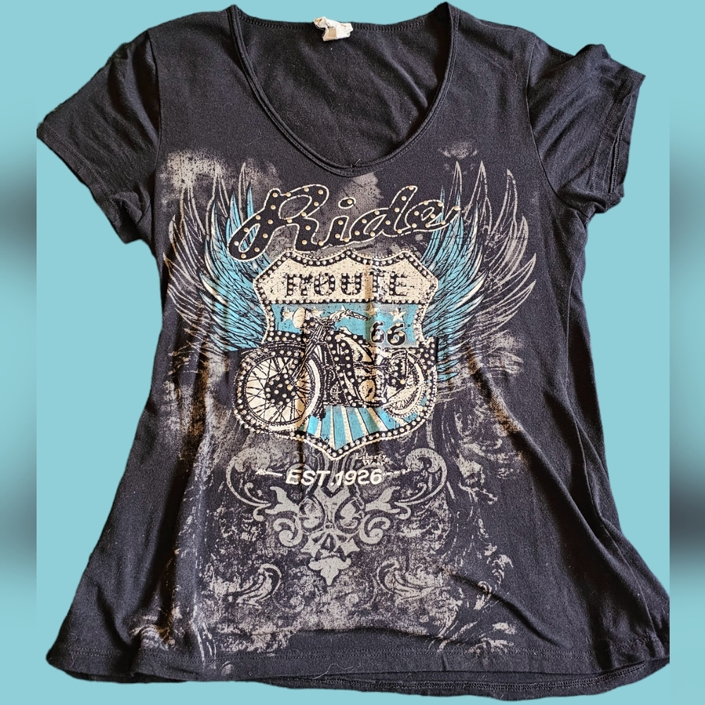 Liberty wear biker Route 66 shiny stone decor Y2K cotton t-shirt size L